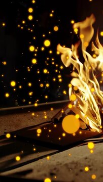 Vertical video: Spark hitting right edge igniting cardboard, flames rising, smoke for visual study