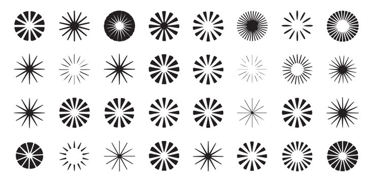 Radiating sunburst shapes and starburst patterns isolated on white background set