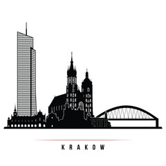 Obraz premium Black silhouette of krakow skyline featuring iconic buildings and bridge