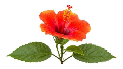 Fototapeta premium Vibrant Red Hibiscus Flower with Green Leaves.