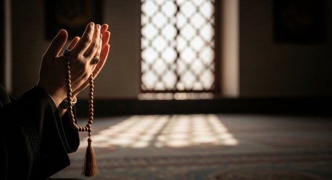 Detailed View of a Person Using a Misbaha During Dhikr in a Sunlit Sacred Environment
