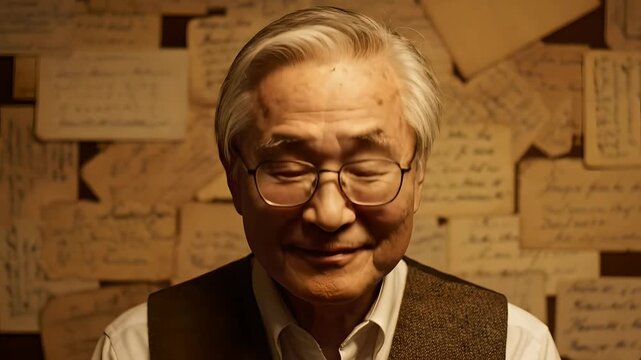 Elderly Asian man with glasses smiles warmly at the camera, then looks down and back up with a gentle expression. His wise, kind face against a wall of handwritten letters embodies history, wisdom,