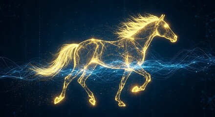 Obraz premium A glowing, wireframe horse in motion against a dark background with digital energy waves