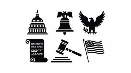 Collection of iconic american symbols and government buildings including the capitol building liberty bell bald eagle constitution scroll gavel and us flag representing law justice freedom © Shovon