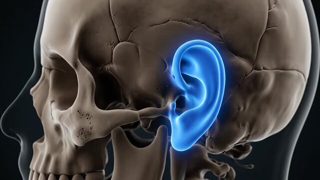 Anatomical illustration of the human skull highlighting the external ear structure and its connection to the temporal bone