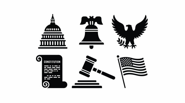 Collection of iconic american symbols and government buildings including the capitol building liberty bell bald eagle constitution scroll gavel and us flag representing law justice freedom