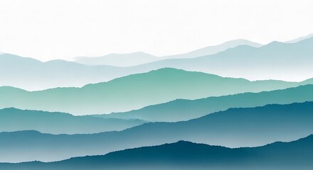Fototapeta premium Layered mountain ranges in soft blue and green hues with misty atmosphere