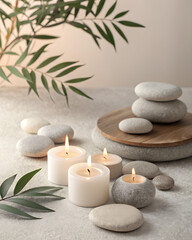 Minimal spa flat lay illustration, candles and stones, neutral background