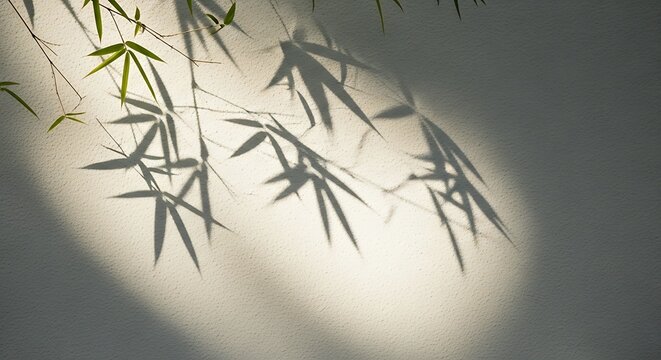 Shadows of bamboo leaves cast on a white wall by sunlight