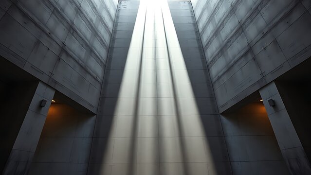 lightwell. A monumental geometric concrete light well with sharp beams of sunlight. real-estate listings, architecture portfolios, designed for real-estate listing and luxury residence showcases.