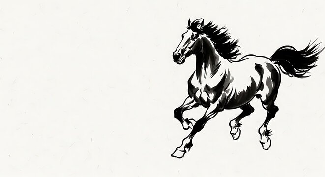 Black and white illustration of a galloping horse in motion