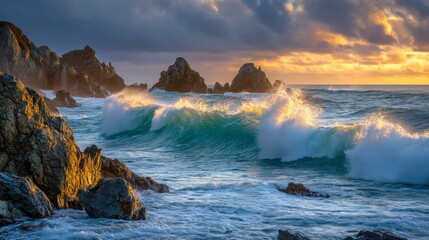 Obraz premium Dramatic Ocean Waves Crashing Against Rocky Coast at Sunset