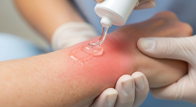 Medical professional applying gel on skin burn