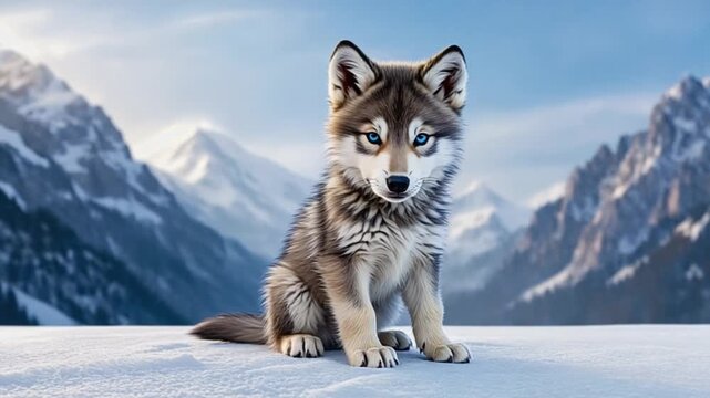 Adorable wolf puppy with blue eyes in snowy mountain landscape