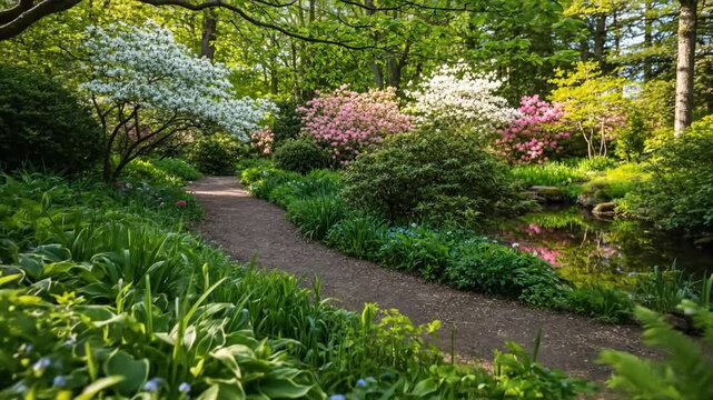 Lush Spring Garden Path with Serene Forest Trail, and Blossoms  Pond.