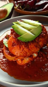 Mexican food, Traditional Mexican drowned sandwich with red adobo sauce, avocado, and sliced ​​onions