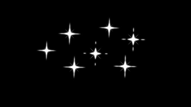Twinkle sparkle star animation featuring bright white cartoon doodles in flat vector style with shimmering glitter and blinking glow, isolated on black screen background for magical 4K video edits
