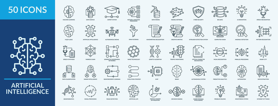Artificial Intelligence - Icon Collection. Thin Outline Set contains such Icons as neural network, machine learning, speech synthesis and more. Simple web icons set