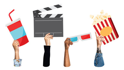 Hands holding png movie icons clipart, transparent background © Rawpixel.com