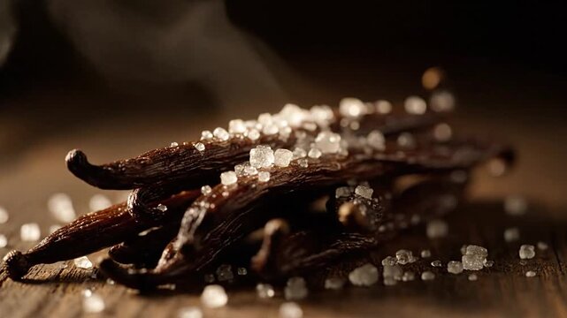 Fragrant vanilla beans elegantly adorned with sparkling sea salt crystals, artfully presented on a textured dark wooden surface, evoking a sense of gourmet culinary delight and rich natural flavor