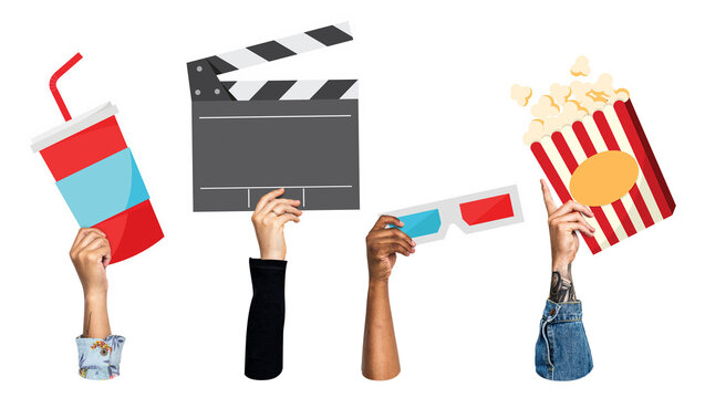 Hands holding png movie icons clipart, transparent background
