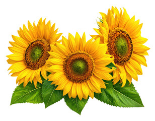 Obraz premium Three vibrant sunflowers, golden petals, green leaves, dark background