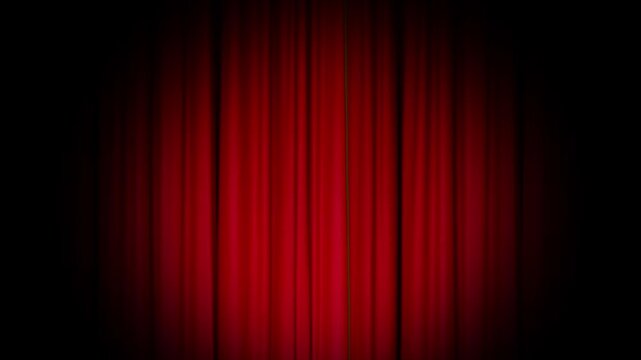 Luxury red theater curtain opening with dramatic spotlight to reveal green screen background, perfect for transitions, video intros, theater stage and performance mockups.