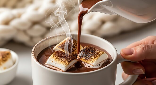 Hot chocolate pours into mug with delicious toasted marshmallows. winter season.