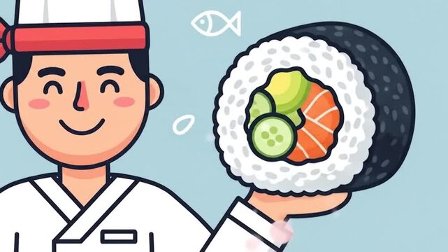 Happy Sushi Chef Holding a Delicious Sushi Roll and Chopsticks in a Cute Cartoon Style.