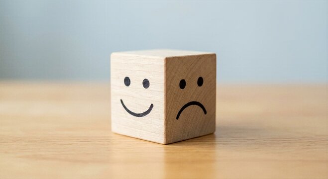 Wooden block cube featuring happy and sad face emotions for customer feedback and satisfaction survey concept