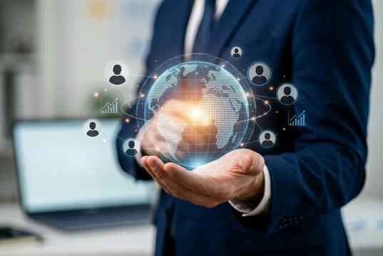 Businessman holding virtual holographic globe with people network icons representing global connection and international business