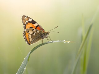 Obraz premium Orange butterfly perched on curved grass blade in soft green meadow background with shallow depth of field and natural light 