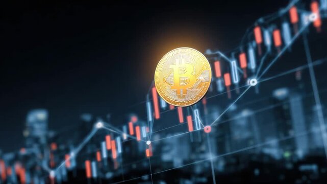 Golden cryptocurrency bitcoin coin above digital financial chart with bullish candlestick pattern and glowing trend line, gold bitcoin coin hovering over glowing digital stock chart and city skyline