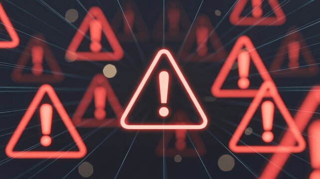 Numerous glowing red digital warning signs with exclamation points fill a dark virtual space indicating immediate danger or system failure alerts