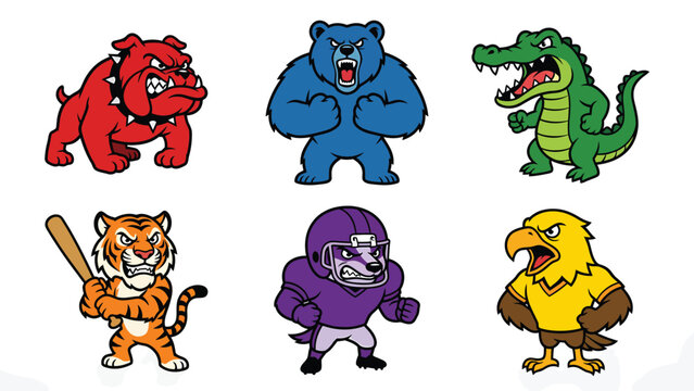 Vibrant Cartoon Animal Sports Mascots Collection: Bulldog, Bear, Alligator, Tiger, Football Player, Eagle