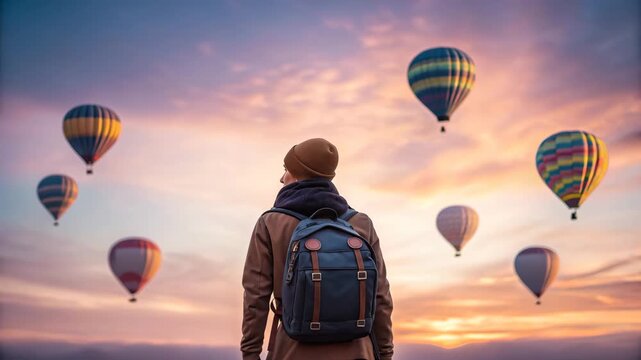 Backpacker backpack watching colorful hot air balloon at sunrise with pastel sky and warm light, serene adventurous mood exploration wonder