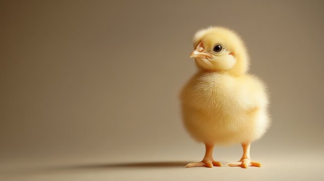 A fluffy yellow chick stands against a soft beige background, looking left