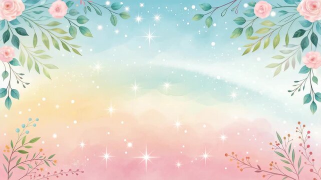 Soft pastel watercolor gradient with floating sparkle floral branch rose blossom accents dreamy soft light sparkling stars floral corner foliage
