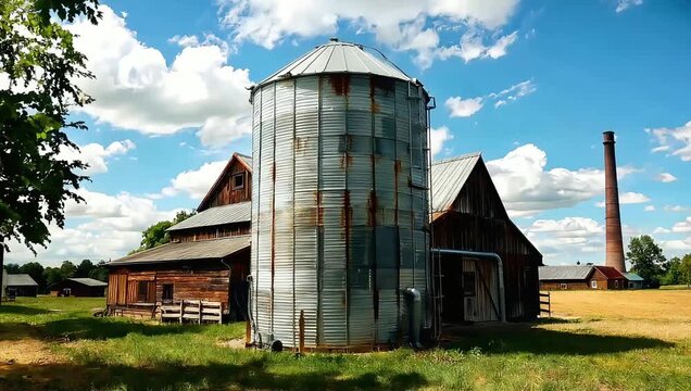 Old silo and barn on a sunny rural farm landscape.