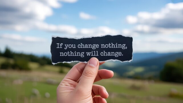 Hand holding a torn piece of paper with the motivational quote if you change nothing nothing will change against a bright blue sky background