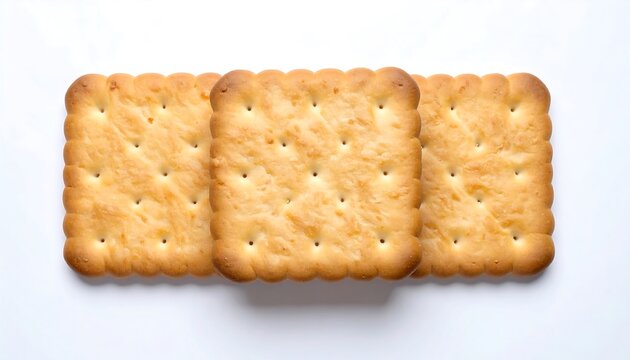 Three square crackers on white background