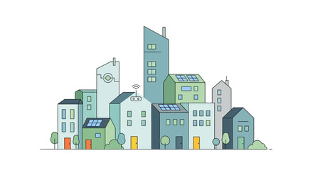 Naklejka premium Smart City Illustration: Sustainable Buildings with Solar Panels and Wi-Fi