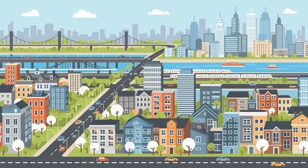 Fototapeta premium Vibrant Cityscape with Diverse Architecture, River, and Transportation