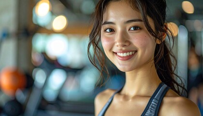 明るい笑顔でジムに通う20代前半日本人女性｜トレーニングウェアのフィットネスポートレート