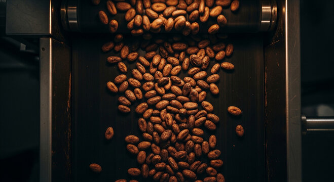 Cocoa beans moving on a dark industrial conveyor belt during processing or roasting