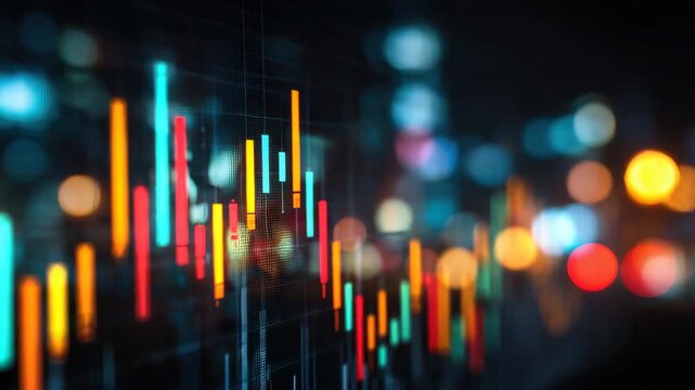 Digital financial candlestick chart with colorful candlestick bars and bokeh lights conveying dynamic market activity and analytical intensity combined with colorful financial candlestick chart