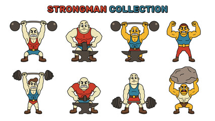 Fototapeta premium Vintage Cartoon Strongman Collection. Retro Illustration Set of Weightlifters and Powerlifters Showing Strength