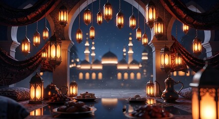 Ramadan Night Scene with Illuminated Lanterns and Mosque View.