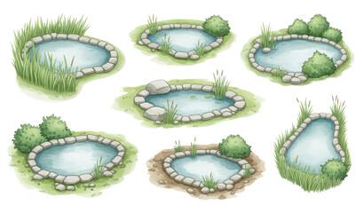 Calm park pond watercolor vector collection garden lakes isolated on transparent background