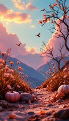 Autumn Landscape with Pumpkins and Mountain View